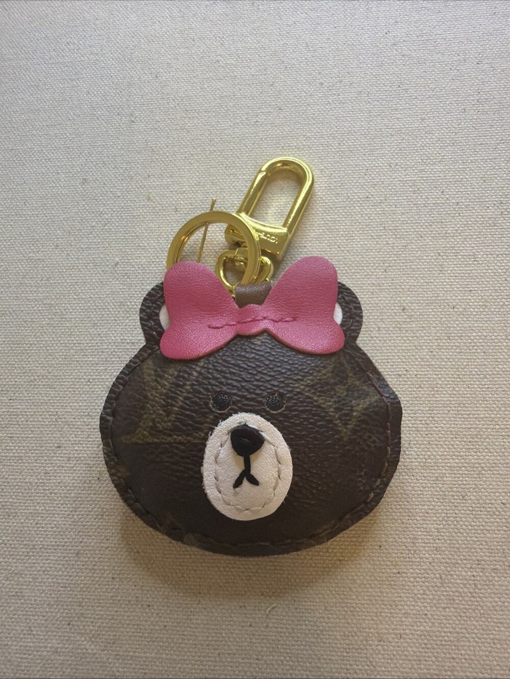 Upcycled Luxury Female Teddy Bear w/Hot Pink Bow Key Ring